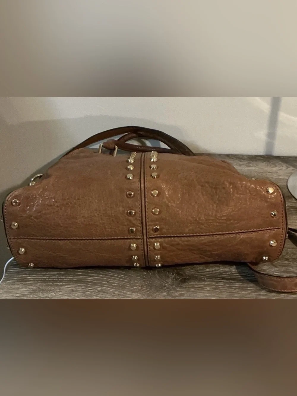 Michael Kors Astor Studded Satchel Top Handle Crossbody Shoulder Bag Brown EUC
